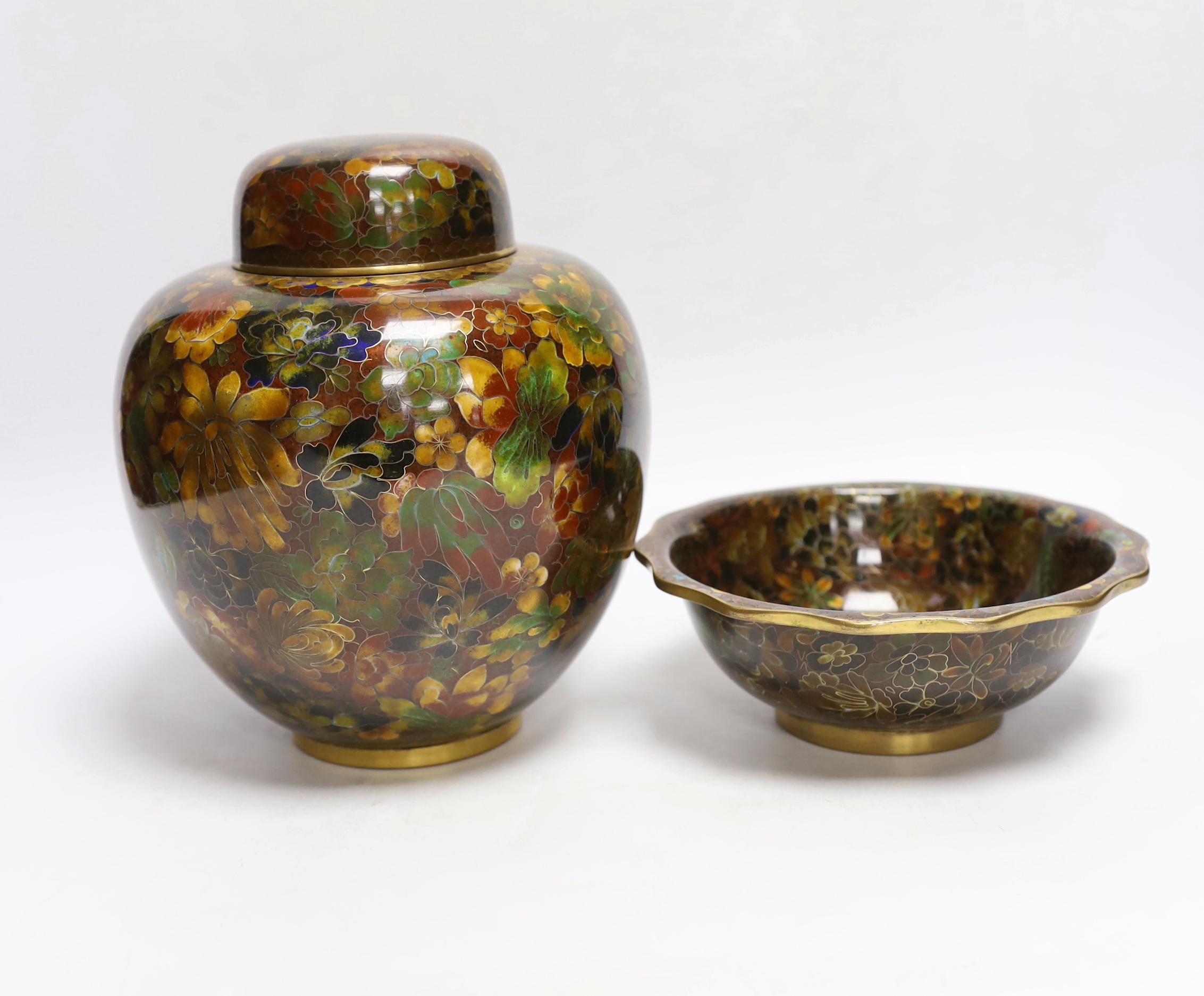 A Chinese cloisonné enamel lidded ginger jar and a bowl, tallest 20cm